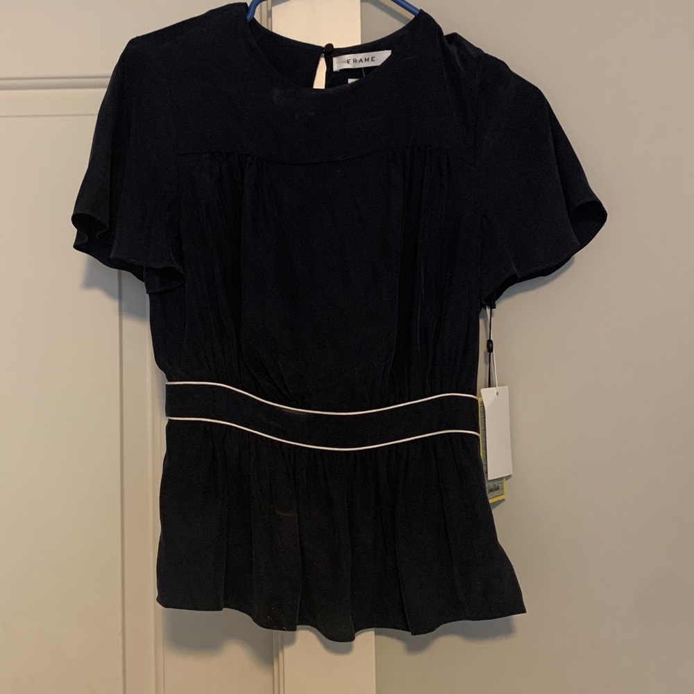 Frame piped short-sleeve peplum silk top - Navy